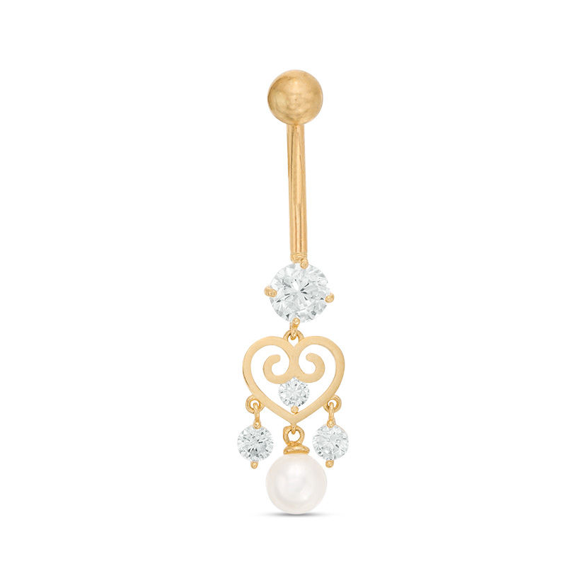 014 Gauge Cultured Freshwater Pearl and Cubic Zirconia Filigree Heart Belly Button Ring in 10K Gold