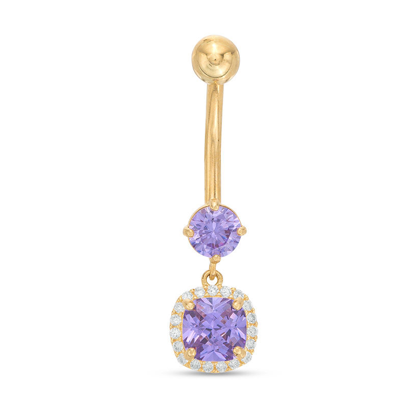 014 Gauge Purple and White Cubic Zirconia Frame Belly Button Ring in 10K Gold