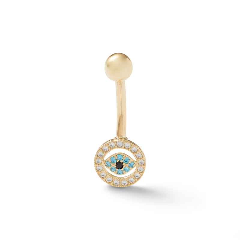 10K Solid Gold CZ Evil Eye Belly Button Ring - 14G 3/8"