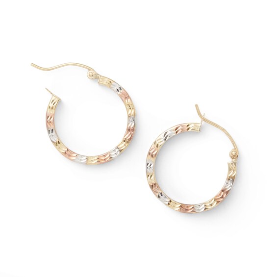 10K Hollow Gold Diamond-Cut Chevron Tri-Tone Hoops