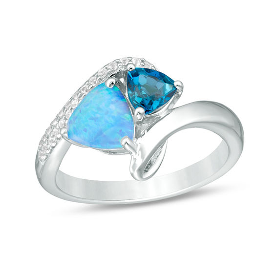 Trillion-Cut London Blue Topaz, Lab-Created Blue Opal and White Sapphire Looping Bypass Ring in Sterling Silver