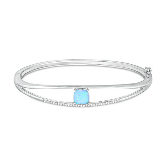 7mm Cushion-Cut Lab-Created Blue Opal and White Sapphire Split Double Row Bangle in Sterling Silver