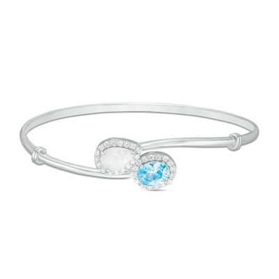 Pear-Shaped Lab-Created Opal and Oval Blue Cubic Zirconia Bypass Bangle in Sterling Silver