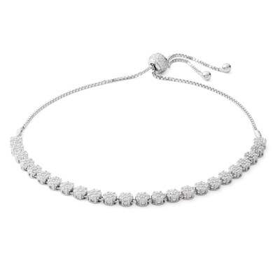 Solid Sterling Silver CZ Flower Composite Link Bolo Bracelet - 8.75"