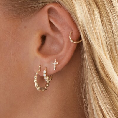 14K Tube Gold CZ Cross Stud - 18G 5/16"