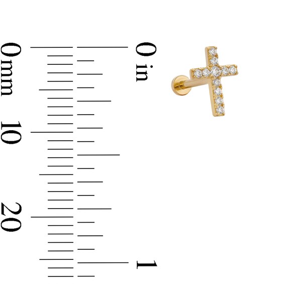 14K Tube Gold CZ Cross Stud - 18G 5/16"