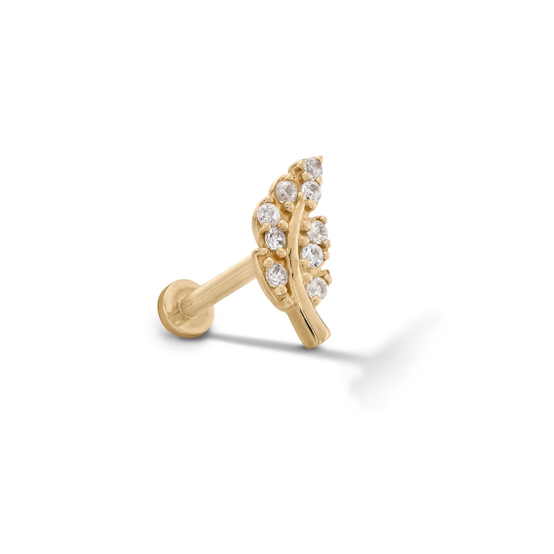 14K Gold Tube CZ Leaf Stud - 18G 5/16"