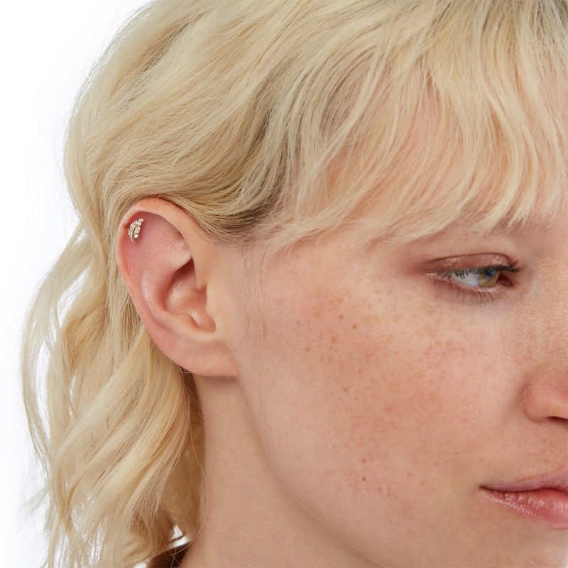 Main Image 2 of 14K Gold Tube CZ Leaf Stud - 18G 5/16"