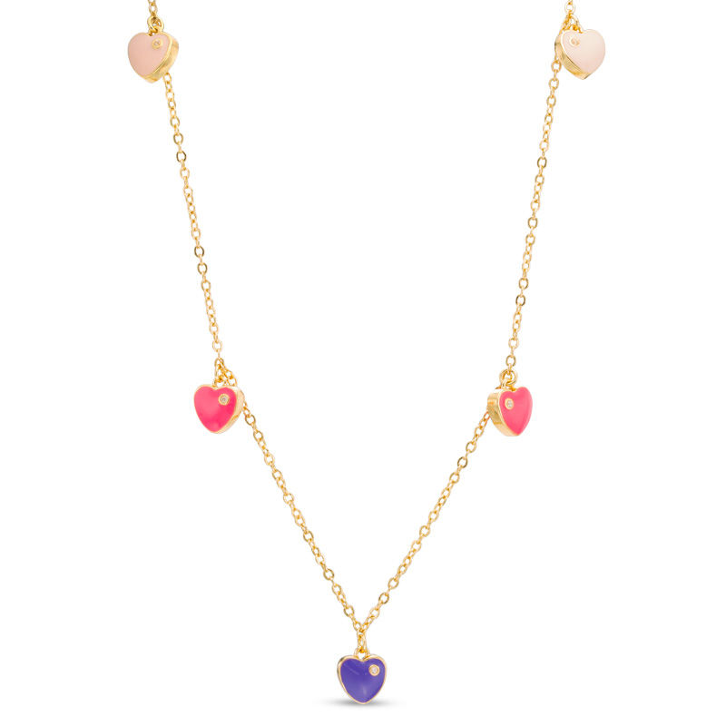 Child's Multi-Color Enamel and Cubic Zirconia Heart Dangle Station Necklace in Brass with 18K Gold Plate - 15"