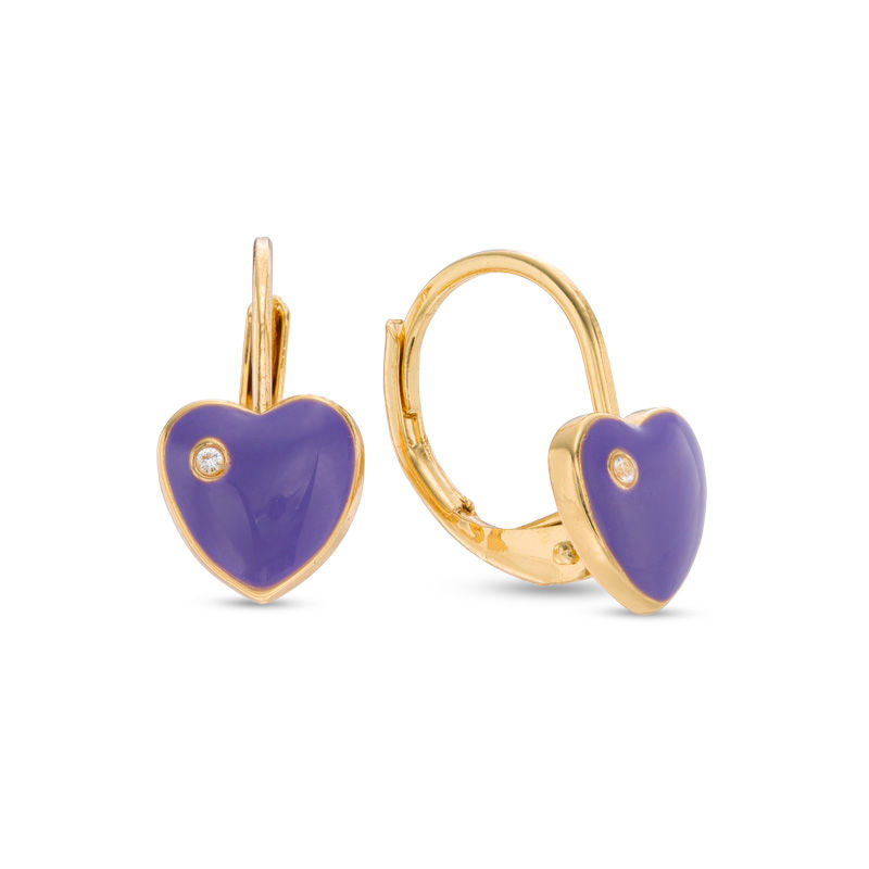 Main Image 1 of Child's Cubic Zirconia and Purple Enamel Heart Drop Earrings in Brass with 18K Gold Plate