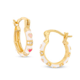 Child's Cubic Zirconia and Multi-Color Enamel Hearts Hoop Earrings in Solid Brass with 18K Gold Plate