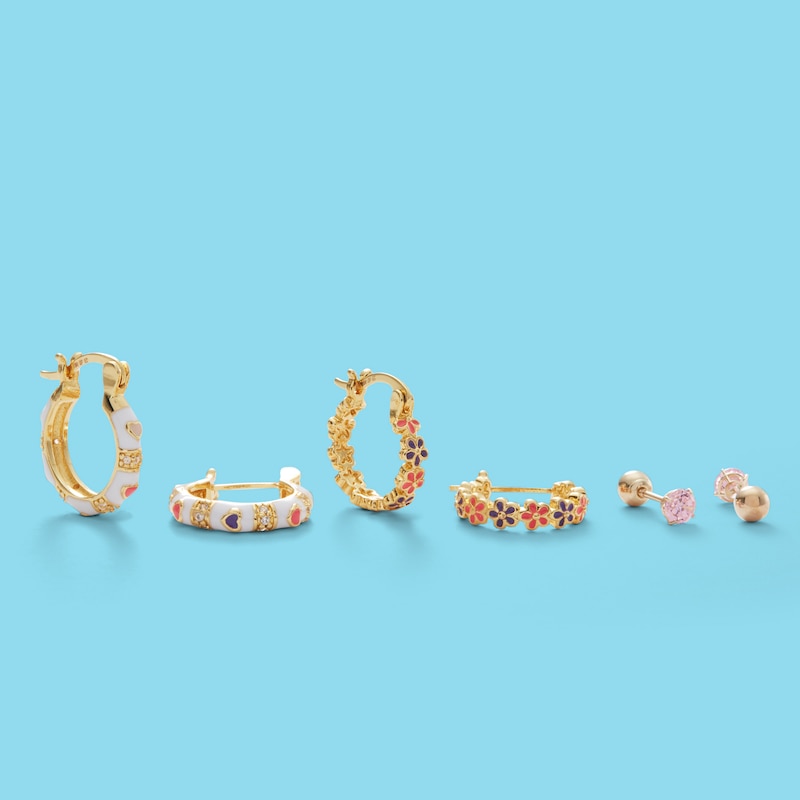 Child's Cubic Zirconia and Multi-Color Enamel Hearts Hoop Earrings in Solid Brass with 18K Gold Plate