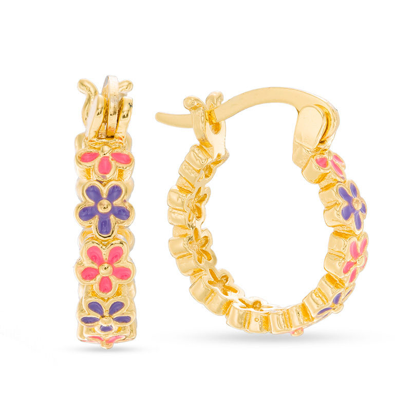 Main Image 1 of Child's Pink and Purple Enamel Daisy Hoop Earrings in Brass with 18K Gold Plate