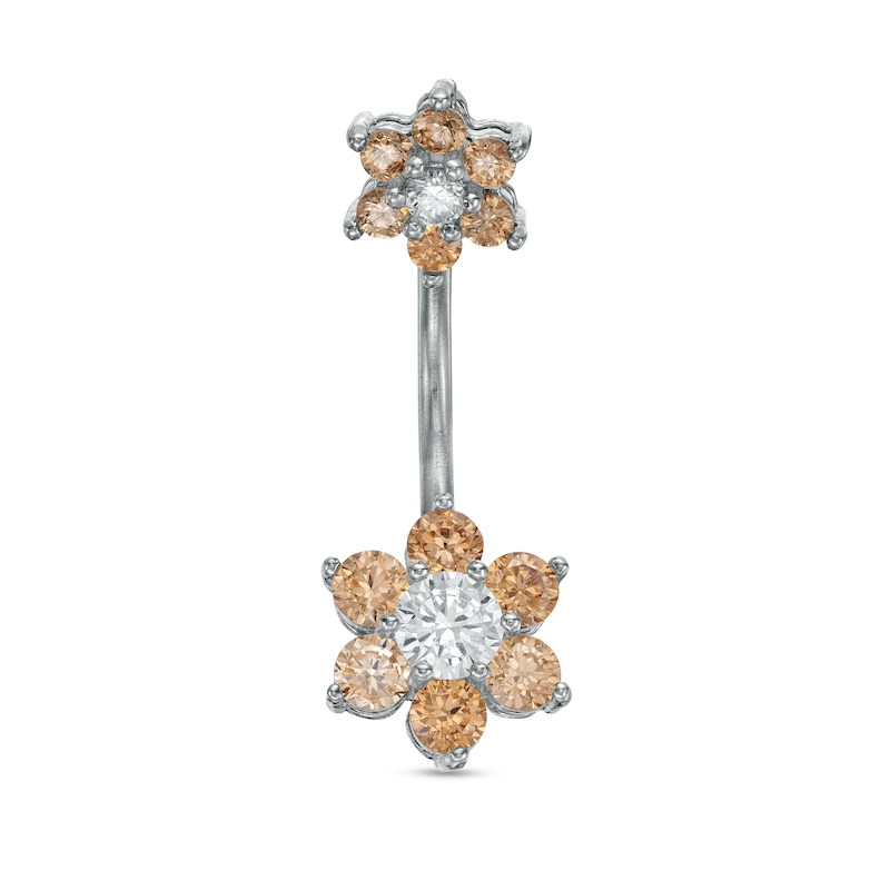 Stainless Steel CZ Champagne and White Double Flower Belly Button Ring - 14G