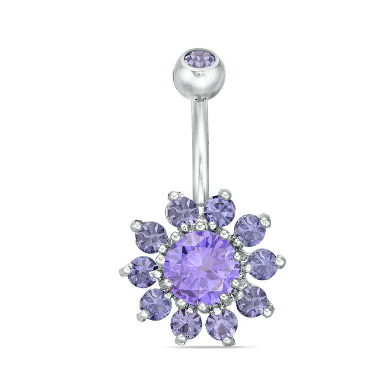 Main Image 1 of 014 Gauge Purple Cubic Zirconia and Crystal Flower Belly Button Ring in Stainless Steel and Brass