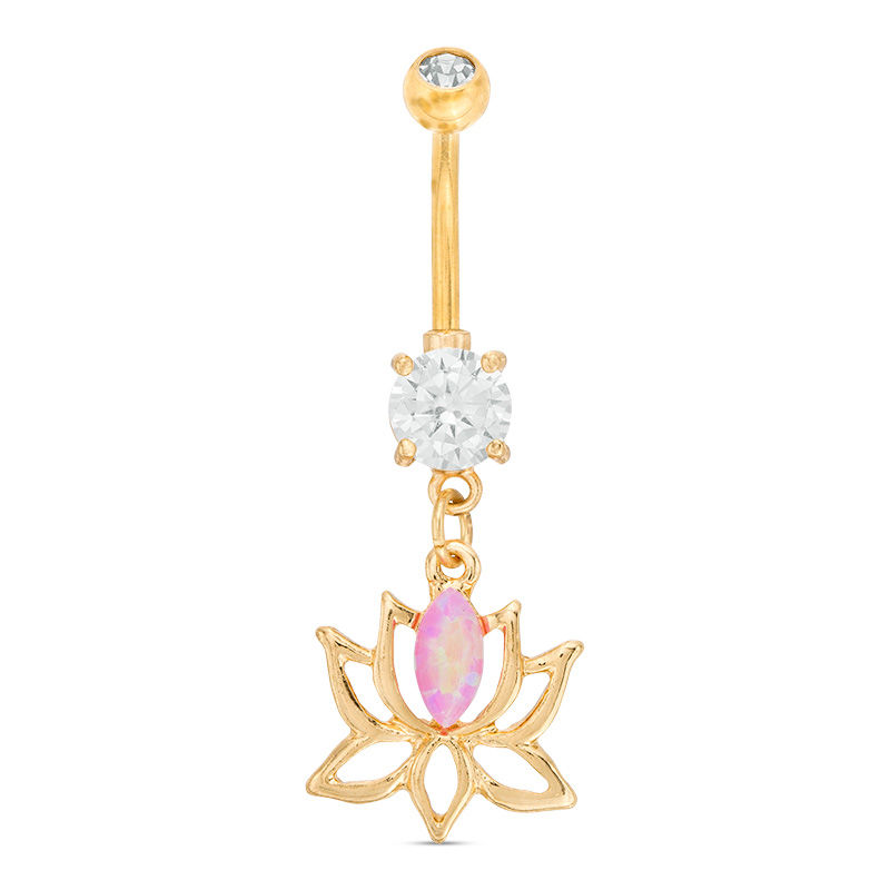 Yellow Ion Plated CZ and Crystal Lotus Belly Button Ring - 14G 3/8"