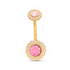 Thumbnail Image 0 of 014 Gauge Pink Crystal Flower Belly Button Ring in Stainless Steel with Yellow IP