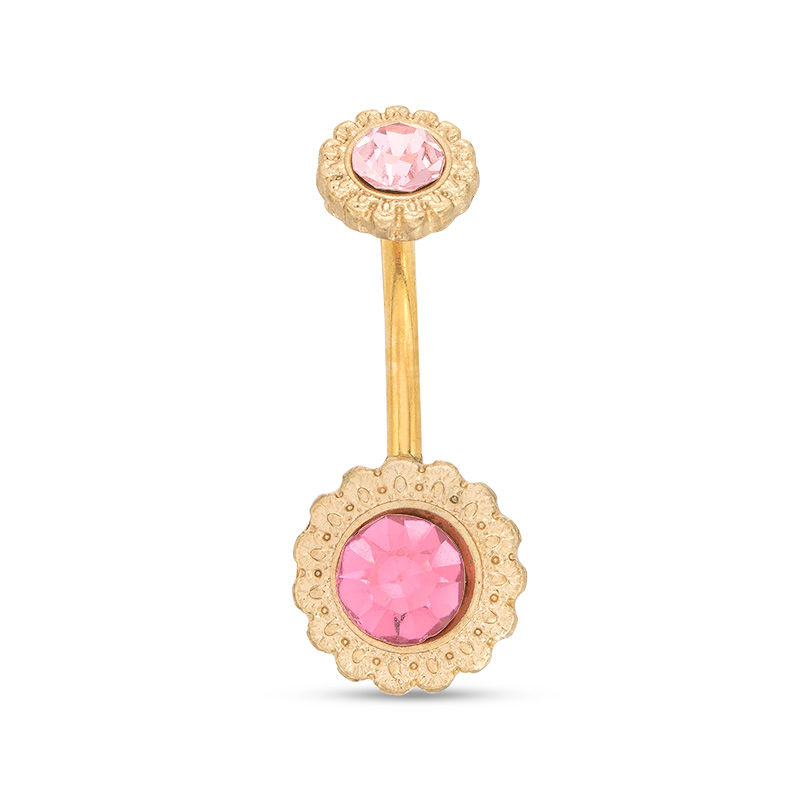 Main Image 1 of 014 Gauge Pink Crystal Flower Belly Button Ring in Stainless Steel with Yellow IP