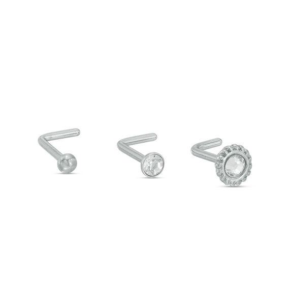 020 Gauge Crystal Three Piece L-Shaped Nose Stud Set in Stainless Steel