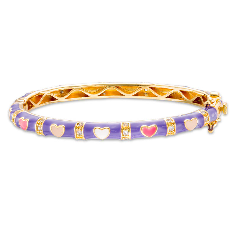 Child's Cubic Zirconia and Multi-Color Enamel Hearts Bangle in Brass with 18K Gold Plate