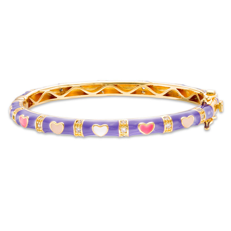 Child's Cubic Zirconia and Multi-Color Enamel Hearts Bangle in Brass with 18K Gold Plate - 5"