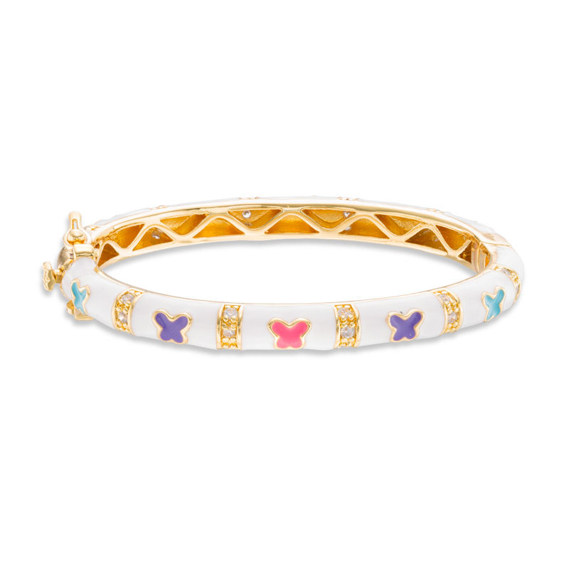 Child's Cubic Zirconia and Multi-Color Enamel Butterfly Bangle in Brass with 18K Gold Plate