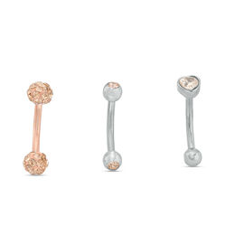 016 Gauge Champagne and White Crystal Three Piece Curved Barbell Set in Solid Stainless Steel with Rose IP