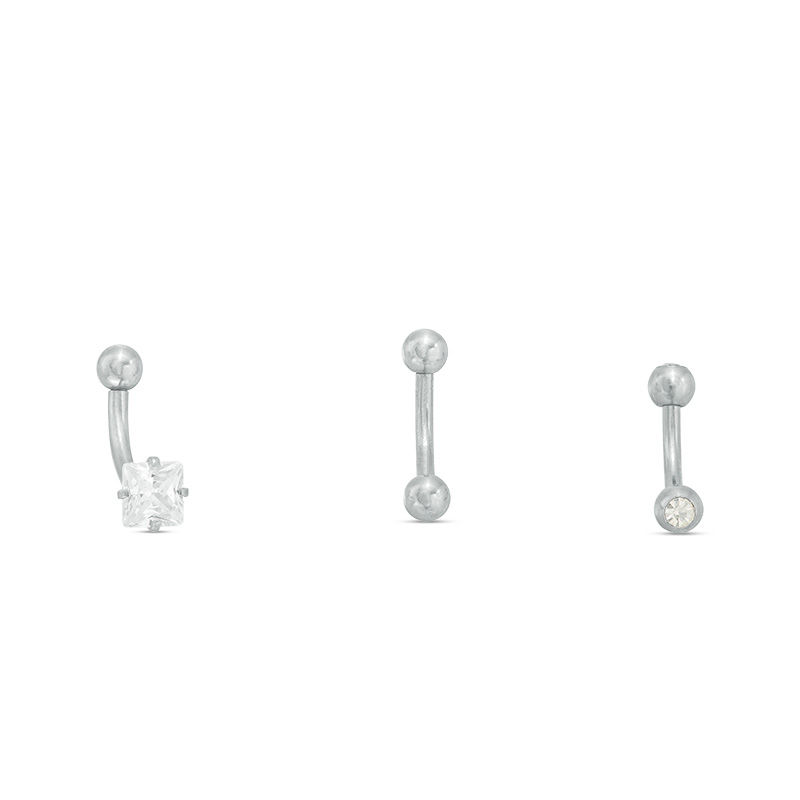 016 Gauge Cubic Zirconia and Crystal Three Piece Curved Barbell Set in Solid Stainless Steel