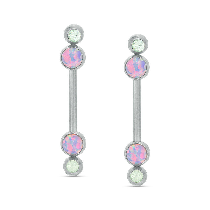 014 Gauge Green Crystal and Pink Acrylic Barbell Pair in Stainless Steel