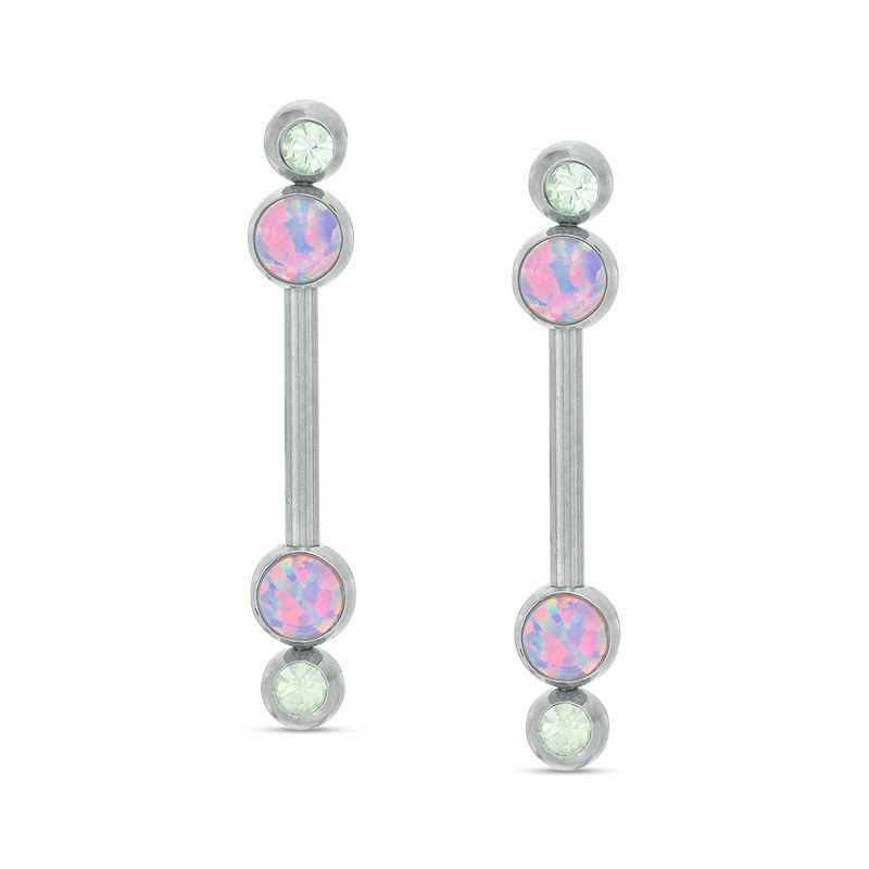 Main Image 1 of 014 Gauge Green Crystal and Pink Acrylic Barbell Pair in Stainless Steel