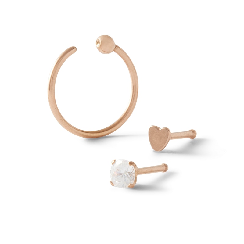 Solid Rose Ion-Plated Stainless Steel CZ Nose Ring Set - 20G