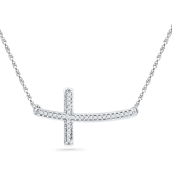 1/10 CT. T.W. Diamond Sideways Curved Cross Necklace in 10K White Gold