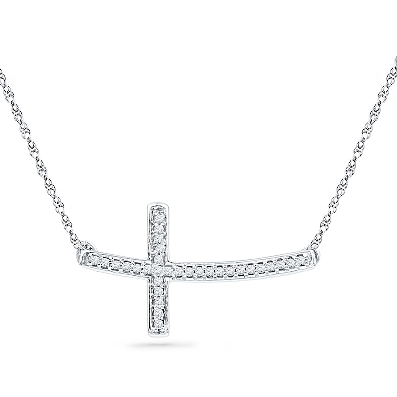1/10 CT. T.W. Diamond Sideways Curved Cross Necklace in 10K White Gold