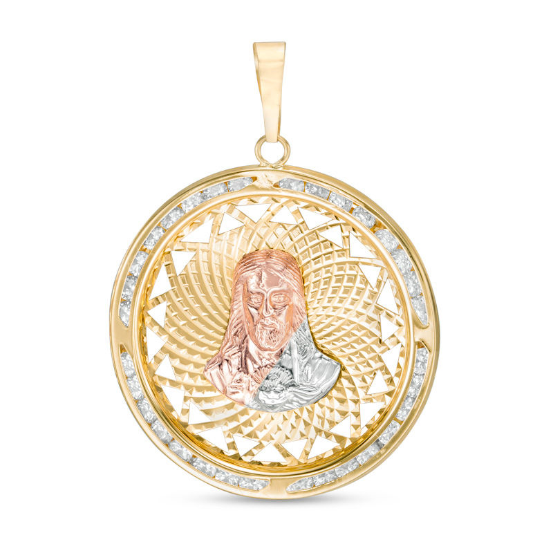 Main Image 1 of Cubic Zirconia Ornate Jesus Medallion Necklace Charm in 10K Tri-Tone Gold