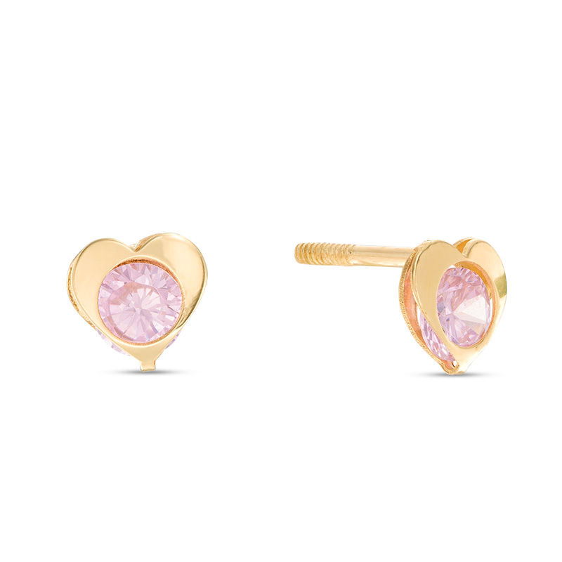 Main Image 1 of Child's 4mm Pink Cubic Zirconia Heart Stud Earrings in 10K Gold