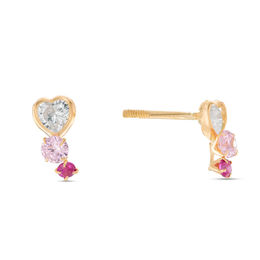Child's 4mm Heart-Shaped White and Pink Cubic Zirconia Drop Earrings in 10K Gold