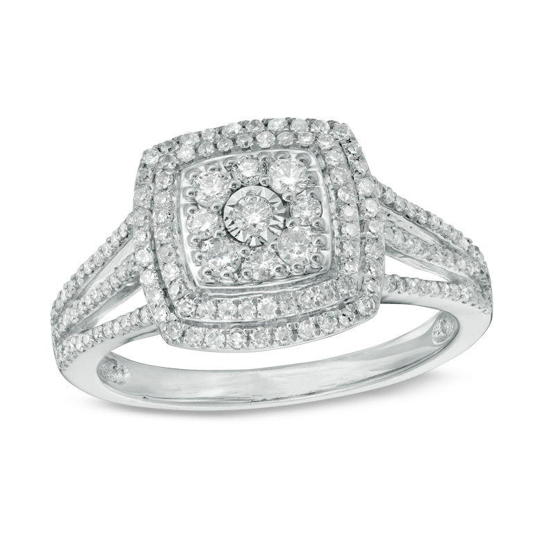 1/2 CT. T.W. Cushion Composite Diamond Double Frame Triple Row Engagement Ring in 10K White Gold