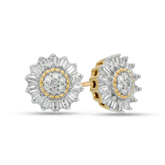 1/10 CT. T.W. Baguette and Round Diamond Composite Sunburst Frame Stud Earrings in 10K Gold