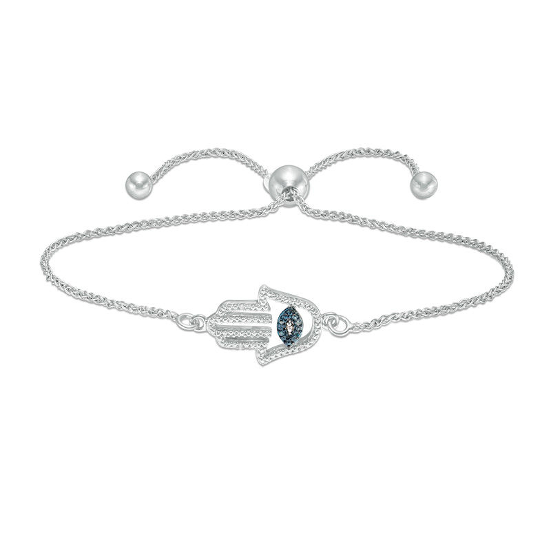 Main Image 1 of Enhanced Blue and White Diamond Accent Sideways Hamsa with Evil Eye Bolo Bracelet in Sterling Silver - 9"