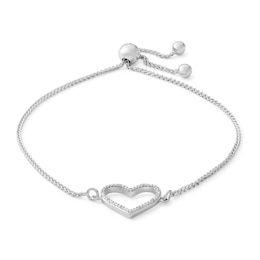 Diamond Accent Heart Outline Bolo Bracelet in Sterling Silver - 9&quot;