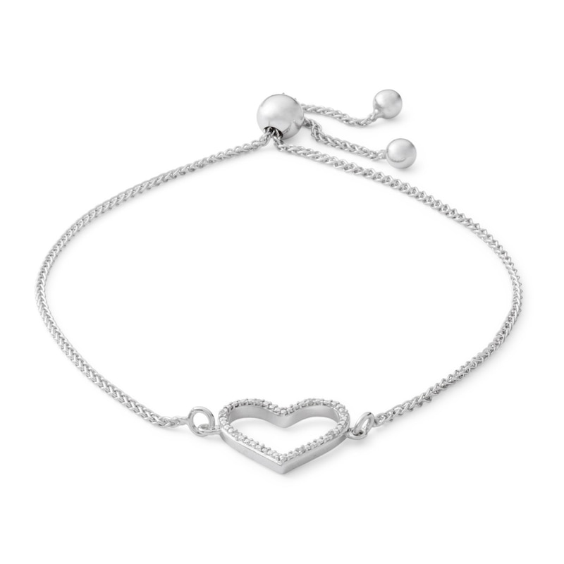 Diamond Accent Heart Outline Bolo Bracelet in Sterling Silver - 9"