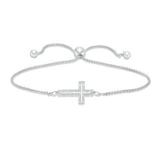 Diamond Accent Sideways Cross Outline Bolo Bracelet in Sterling Silver - 9"