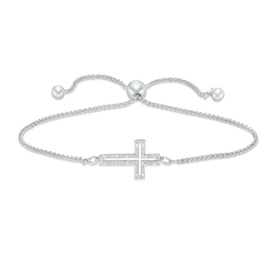 Diamond Accent Sideways Cross Outline Bolo Bracelet in Sterling Silver - 9"