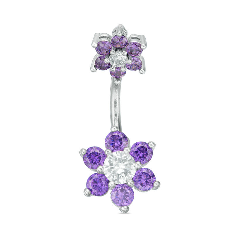 Main Image 1 of Stainless Steel CZ Purple and White Double Flower Belly Button Ring - 14G