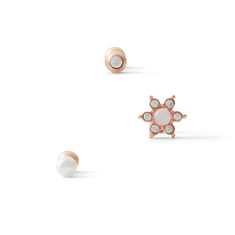 Main Image 2 of 018 Gauge Crystal and Pearlescent Three Cartilage Barbell Set in Stainless Steel with Rose-Tone IP