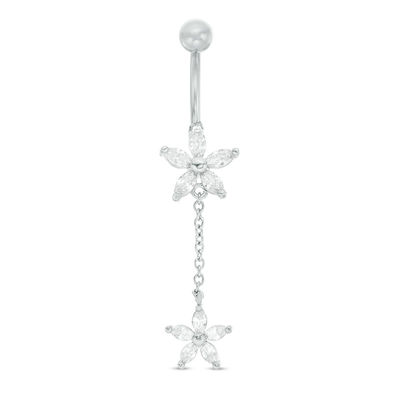 014 Gauge Marquise Cubic Zirconia Flower Dangle Belly Button Ring in Stainless Steel