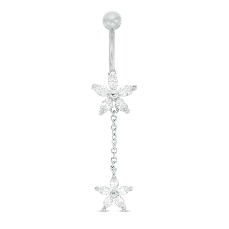 014 Gauge Marquise Cubic Zirconia Flower Dangle Belly Button Ring in Stainless Steel