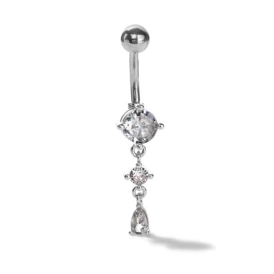 Solid Stainless Steel CZ Teardrop Dangle Belly Button Ring - 14G