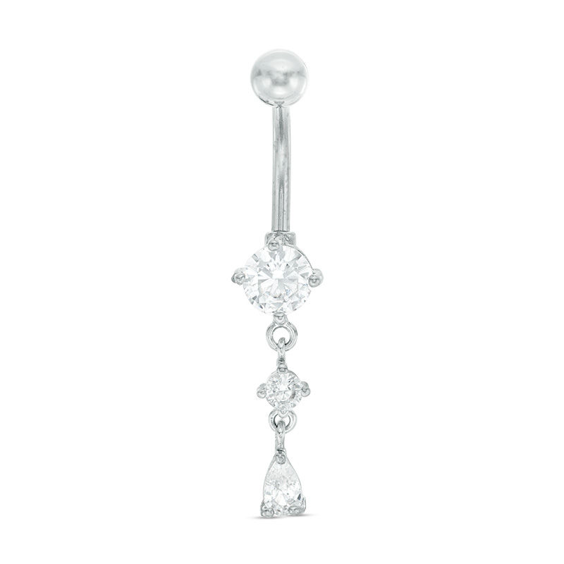 014 Gauge Teardrop Cubic Zirconia Dangle Belly Button Ring in Solid Stainless Steel