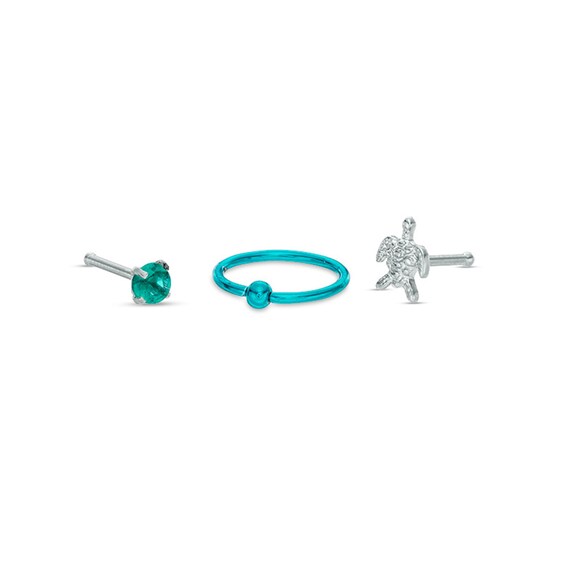 Teal Ion Plated CZ Hoop and Nose Stud Set - 20G
